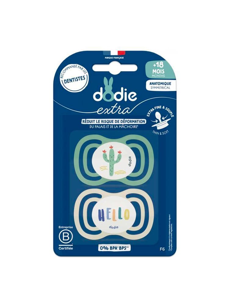 Dodie Extra 2 Sucettes Anatomiques 18 Mois et + - Modèle : Cactus/Hello