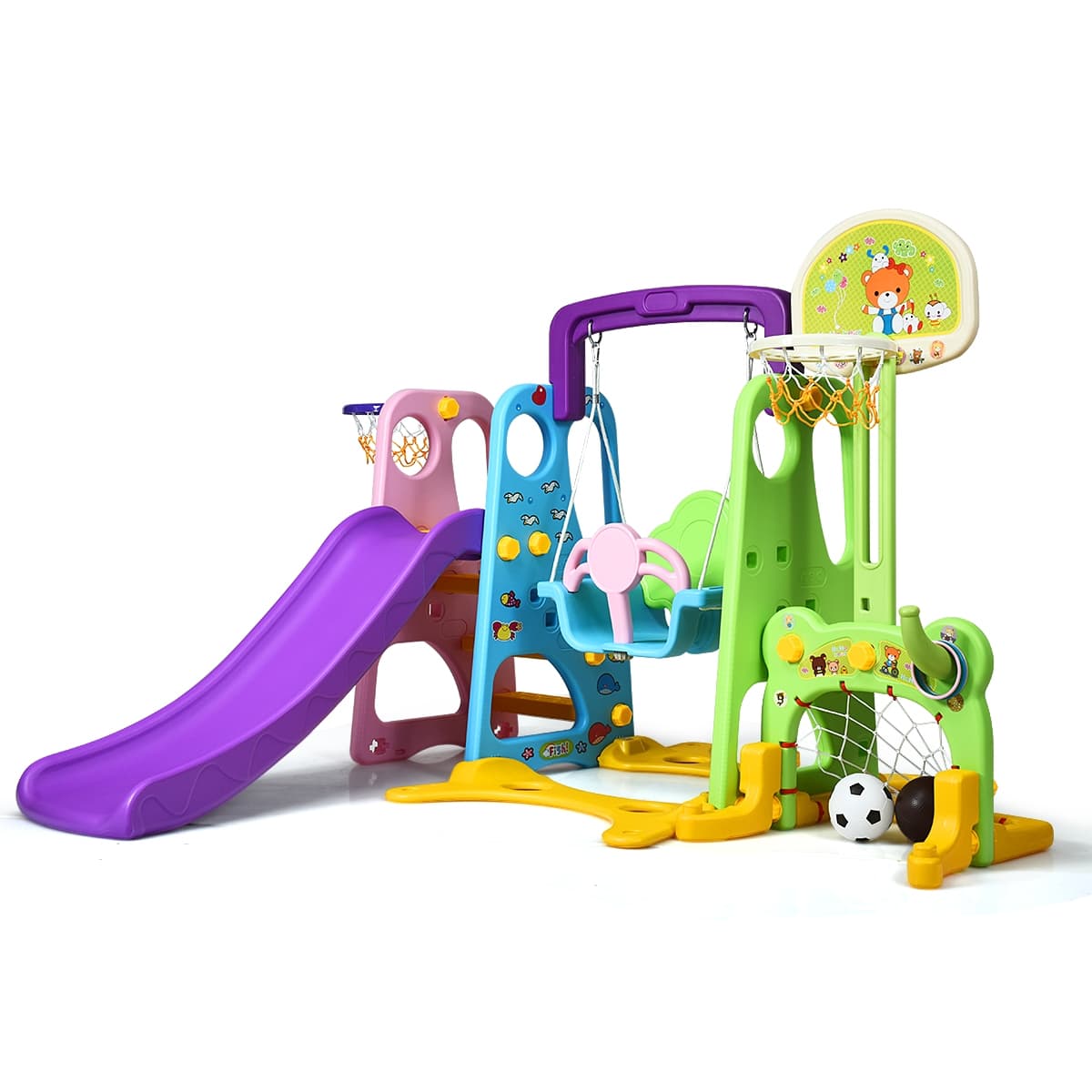CostwayToboggan pour Enfants Aire de Jeux 6 en 1 Balançoire Portique Panier de Basketball Escalade But de Football